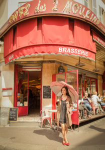 Amelie inspired photoshoot Amelie costume Montmartre Paris France travel cosplay Cafe des deux Moulin